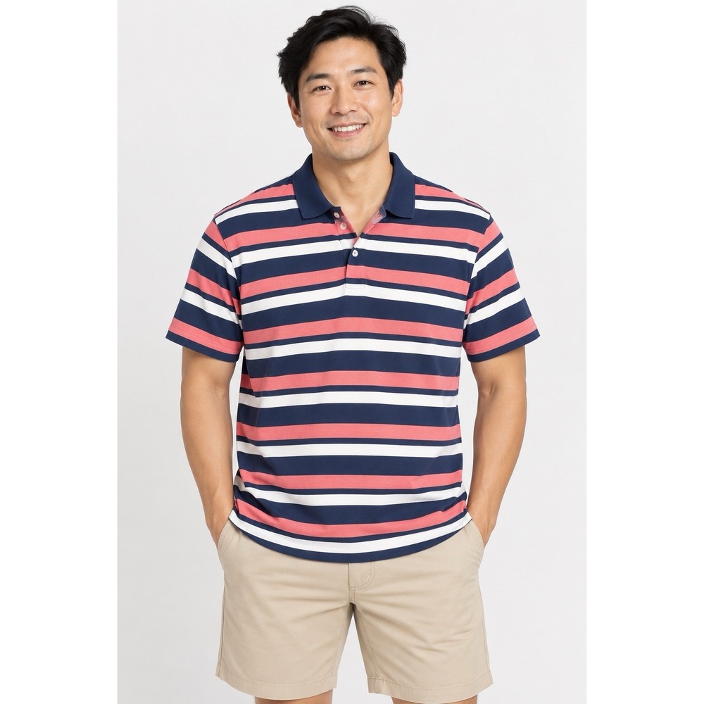 Old Navy Men's Large Polo Shirt Navy Coral White Striped Short Sleeve
